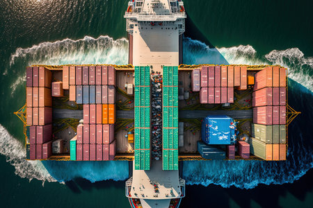aerial top view of a cargo ship carrying international containers as it prepares to load containers with a large container loader ship vessel. worldwide logistics and transportation industryの素材