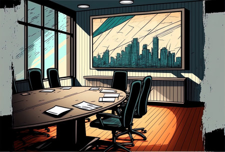 empty conference room for a business meeting with televisions showing graphs and diagrams in the backdropの素材