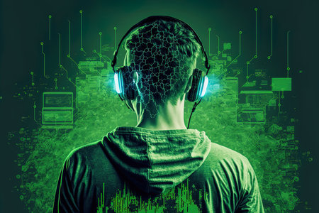 a Caucasian man in virtual reality and a double exposure Lines of code are shown in green suggesting that a gamer or hacker is breaking into a secure network or serverの素材