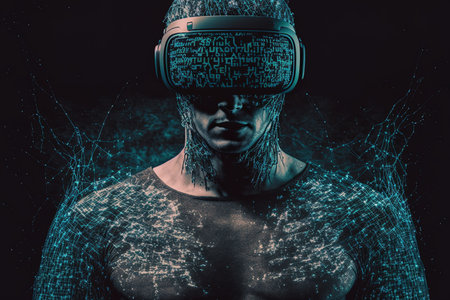 Virtual reality and a Caucasian man in a double exposure A gamer or hacker using a virtual reality headset is likely breaking the security of a server or networkの素材