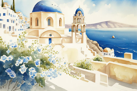 watercolor painting by hand of the Oia Santorini vista. painting of a scene with white buildings stairs a church a blue dome fences bougainvillea flowers a blue sea Greek islands and sunshineの素材