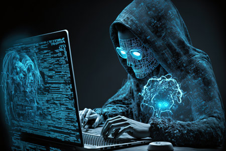 Padlock hologram icons are covering the female programmers typing hands as she types a code on a computer to safeguard cyber security from hacker attacks and preserve clients private informationの素材