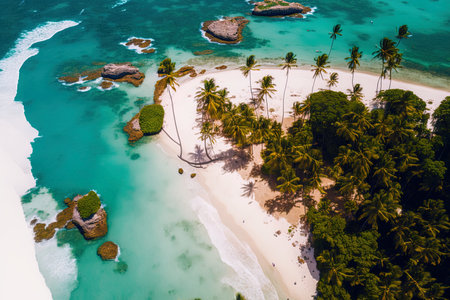 pristine and abundant Caribbean coastline with coconut palms and azure water. tropical setting Beach in Macao the Dominican Republic from aboveの素材