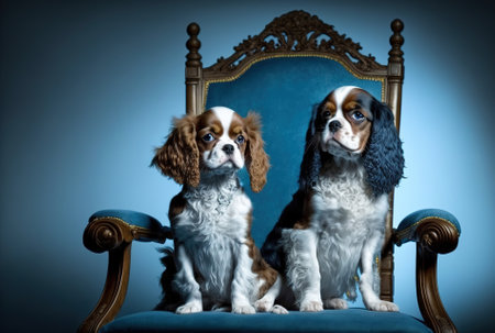 puppy spaniels playing in the studio. A adorable dog or other creature is seated alone against a blue backdrop. the arrogant King Charles. Insert your words or image into the blank space. movement notの素材