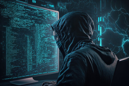 Male computer hacker programming firewall data on an encryption server and security software. using a computer to program the displayed application scriptの素材