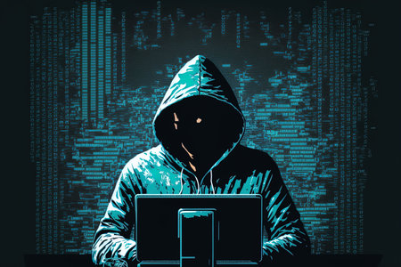 big financial data theft concept an anonymous hacker is hacking highlyprotected financial data through computersの素材