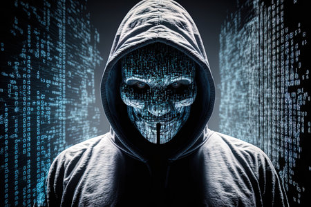 hacker wearing white mask with binary code digital interface using smartphone to steal financial data double exposure data theft internet fraud darknet and cyber security conceptの素材