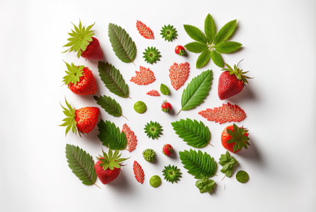 composition and artistic arrangement of fresh strawberry fruits and leaves isolated on white backdrop. Concept of a healthy diet and food. Fruit and berry arrangement for spring. Flat lay top view aの素材