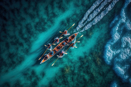 aerial drone top down image shows a team of young ladies paddling a sport canoe in serene deep blue seasの素材