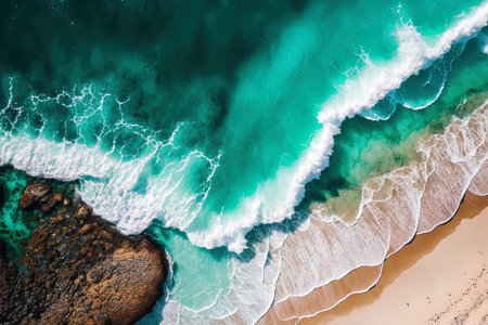 aerial picture of an ocean with waves and a sandy beach. Beach and waves as seen from above. Background of turquoise sea. aerial view of the sea in summer. drone aerial landscape Idea and concept forの素材