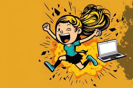 run and jump young girl student holding computer amusing student with laptop isolated on yellow backgroundの素材