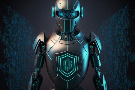 online fraud in cybersecurity Robot for cybercrime featuring a graphic representation of digital network technologies and risk mitigation for virus attacks firewall with artificial intelligence that cant access private infoの素材