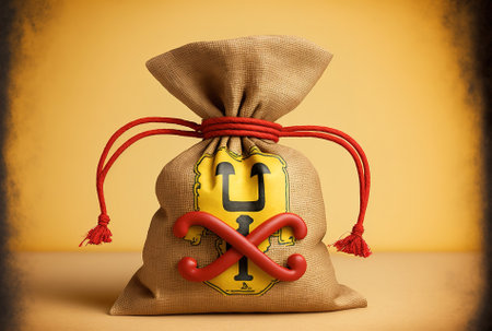 Dollar sign figure mascot and tied rustic canvas linen money sack or money bag with a red ribbon on a yellow backdropの素材