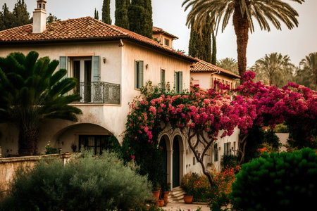 Beautiful home with a garden around it. housing of today. Israel has tall buildings and blossoming plants. Idea a lovely location to live buying real estateの素材
