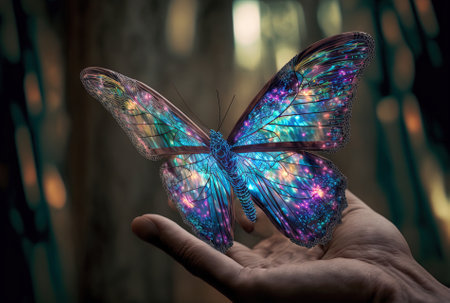 Biosensor technology proposes new encounters with blockchain metaverse web 3 and hand interacting with computer generated surrealist butterfliesの素材