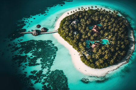 Stunning aerial scenery a five star tropical resort with water villas. lovely island beach palm palms and blue sky. Amazing aerial picture of the idyllic coast of the Maldives. exotic travel leisuの素材
