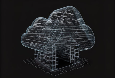 Wireframe for cloud technologies in polygons a symbol for cloud storage with two up and down arrows on a black background Future huge data center infrastructure digital ai symbol virtual hostingの素材