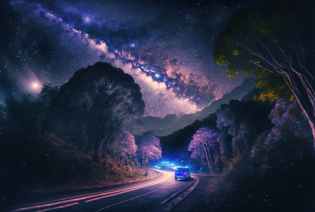 At doi Inthanon National Park in the night Chiang Mai Thailand the Milky Way and a vehicle light on the roadの素材