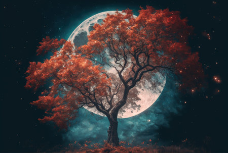 Beautiful autumnal dream with a full moon and starry sky. Maple tree in the fall. nostalgic aesthetic with a vintage color paletteの素材