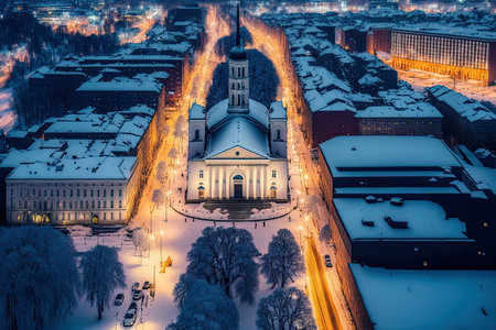 Beautiful wintertime view of Vilnius showing streets churches and homes blanketed in snow. nighttime aerial view. Vilnius Lithuania in the wintertimeの素材
