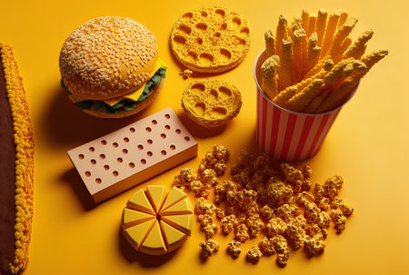 Close up of fast food snacks on a yellow backdrop representing the concepts of fast food and unhealthy eating. looking up. copy room static state. lie flatの素材