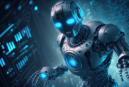 Artificial intelligence concept with a blue digital robot hitting a button on a technologically themed backgroundの素材