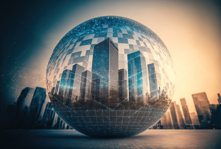 Big data and blockchain idea with a double exposure of an abstract digital holographic globe map on a background of Los Angeles office buildingsの素材