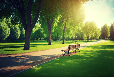 Beautiful Public Park Scene with Green Grass Field Green Tree Plant Scenic Summer Park View Exercise and Relaxationの素材