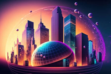 Background global research and analytics idea with several exposures of abstract software development hologram and globe map on new york city skyscrapersの素材