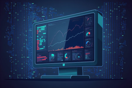 Business analytics and financial data idea on a dark blue backdrop with an abstract digital trading terminal interfaceの素材