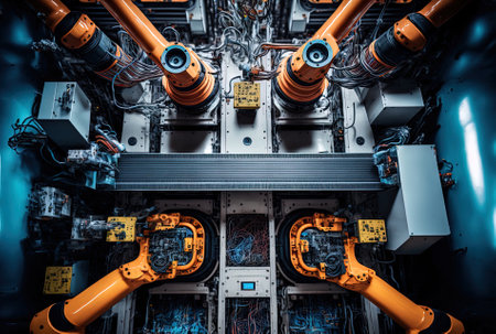 Bottom view of an automated automobile assembly line at an automotive industry shop for machine manufacture and assemblingの素材