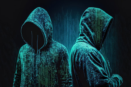 Background binary code hacking and malware concept Hood hackers are using mobile to attack sensitive dataの素材