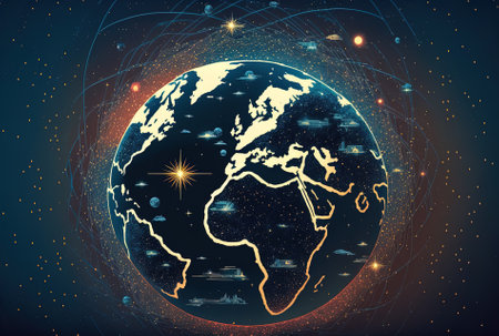 Digital Earth depicts the idea of a worldwide network connecting international individuals in global commerce against a background of stars and spaceの素材