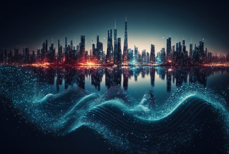 Concept of a smart city IOT and wireless connectivity with an abstract digital wave covering a river in a nighttime megacity cityの素材