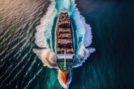 Container ships are moving at top speed over the ocean as they transport commodities for worldwide import and export including those from Asia Pacific and Europe. aerial photography taken by a droneの素材
