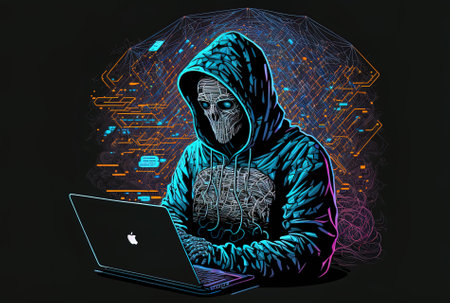 Big data technology metaverse and future idea with a hacker in a hoodie operating a laptop computer with abstract polygonal lines on a black backdropの素材
