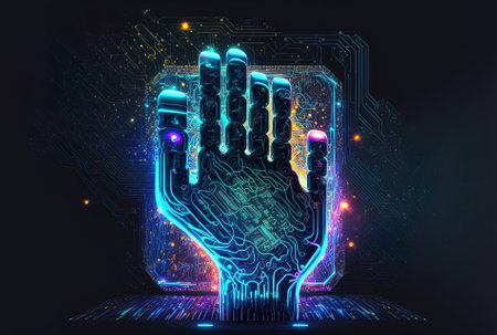 Background of a science day with contemporary artificial intelligence technology with a chipset hand and geometric featuresの素材