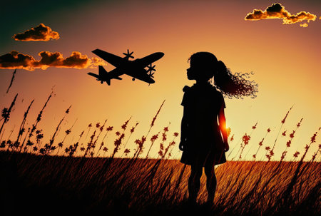 Childhood fantasies of flying stroll in the summer at dusk in the field kids idea. Silhouette of a girl at sunset in a field shooting a toy airplane into the sky.の素材