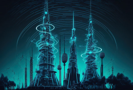 Future metropolis raster drawing with neon blue illumination turquoise telecommunication towers in a city against a blue sky as part of a technological ideaの素材