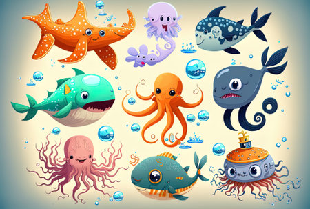 Cartoon picture for children including a cute octopus fish bathyscaphe crab ship star hammerhead shark sea horse and other water lifeの素材