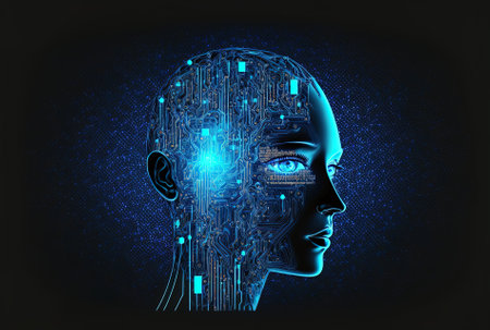 Concept of artificial intelligence. robot face against a digital artificial intelligence science machine. contemporary banner with a futuristic design in technology. example artificial face brain anの素材