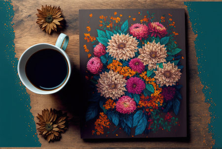 Good morning autumn. Flat lay of a warm coffee and lovely fall blossoms on a rustic wooden background. Stylish mug with coffee in an anime style arrangement of vibrant asters and dahliasの素材