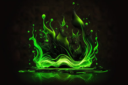 Green electric wave in an abstract on a black technological background. Acrylic explosions neon light paintings in water and flowing liquid artの素材