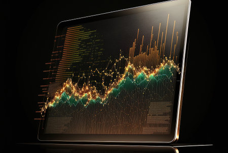 Forex and investment concept using an abstract creative financial graph on a contemporary laptop monitorの素材