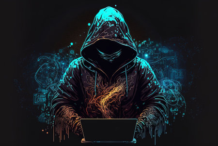 Concept of personal data theft and hacking with abstract digital metaverse wallpaper and hooded hacker using laptop against abstract dark office background with direct exposureの素材