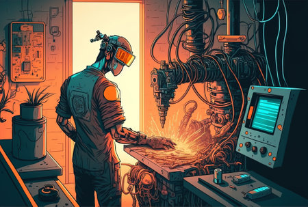 In an intelligent factory an engineer checks and controls the welding robotics equipment with autonomous armsの素材