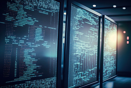 In an empty workplace of a software development company computer screens are displaying programming code as computers in the background are analyzing data algorithms. cloud computing using neural netの素材