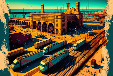 Barcelona Spain 8 April 2019 aerial picture of the railroad station trucks and industrial port mare combinato slの素材