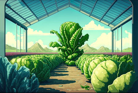 In a barren greenhouse with a hydroponic environment many varieties of fully grown lettuce are ready for harvest. Nobody cultivates pesticide free produce in an organic vegetable farm environmentの素材