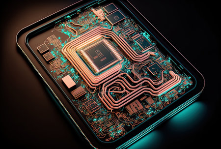 Future technology and ai concept top view of a creative abstract micro circuit drawing on a contemporary digital tablet screenの素材